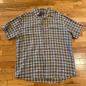 Pendleton Linen Shirt Mens Large‎ Blue Plaid Short Sleeve Button Up